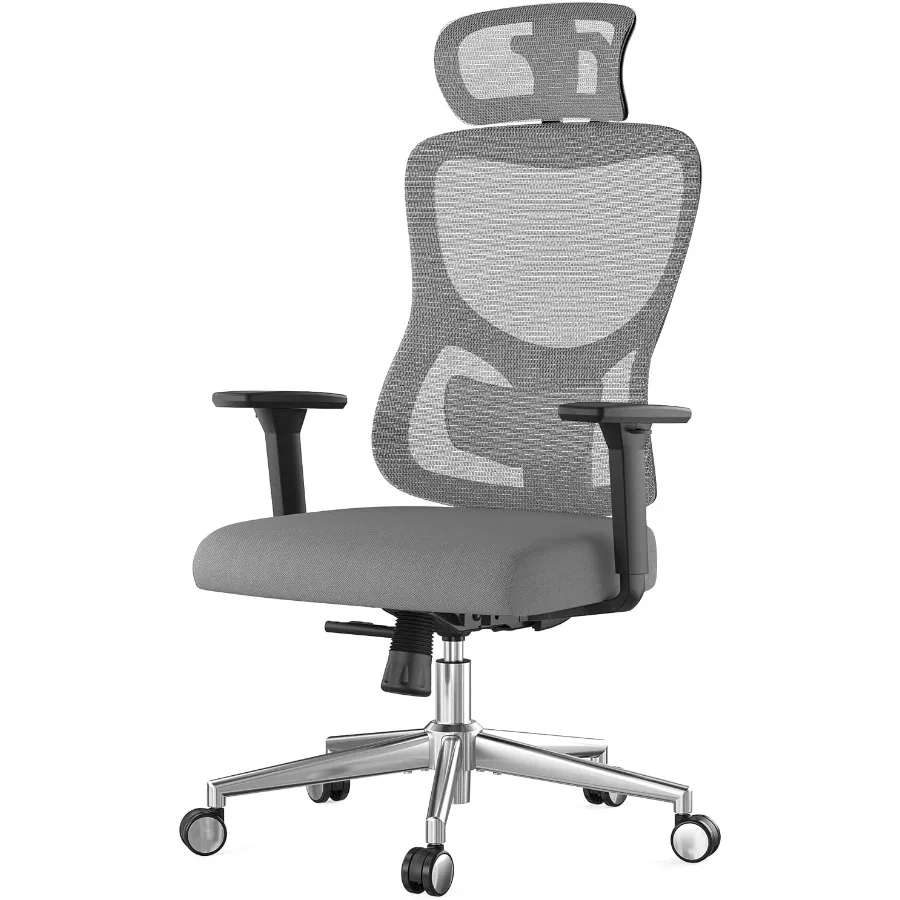 Office Chair - 自宅でのオフィスワークやゲームに最適な、人間工学に基づいたデザインのオフィスチェア。グレーの生地を使用したメッシュバック、調整可能なランバーサポート、ヘッドレスト、3Dアームレストを備えています。