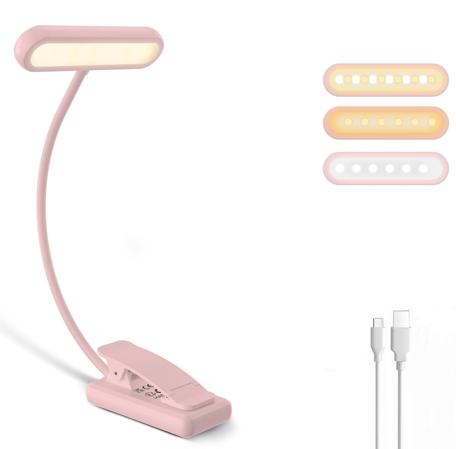 Desk Lamp - 読書用ランプ ブッククランプ ブラック/ホワイト/ピンク USB充電式バッテリー 600mAh フレキシブルグースネック