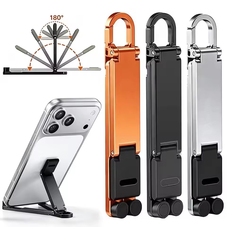Mobile Pedestal Cabinet - ミニキーチェーン折りたたみ式携帯電話背面クリップスタンド、ポータブル調整可能モバイルフォンホルダー、ポケットサイズの軽量薄型キックスタンド、旅行やデスク用