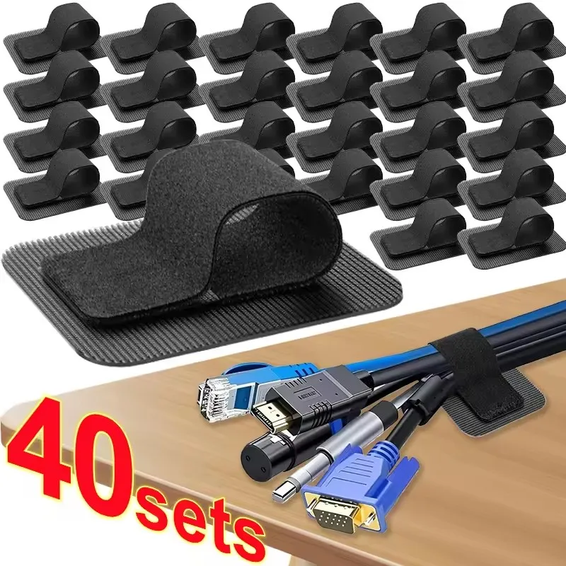 Desk Organizer - 4-40個入り、デスク下ケーブル整理用、ワイヤーホルダー、コードオーガナイザー、調整可能なフック＆ループ式、粘着式ケーブルタイ、ケーブルホルダー