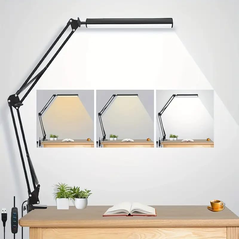 Desk Lamp - LEDデスクランプ 家庭用、読書用、勉強用、調節可能な目に優しいデスクライト クランプ付き、3色モード、10段階の明るさ調整可能 テーブルライト オフィス用