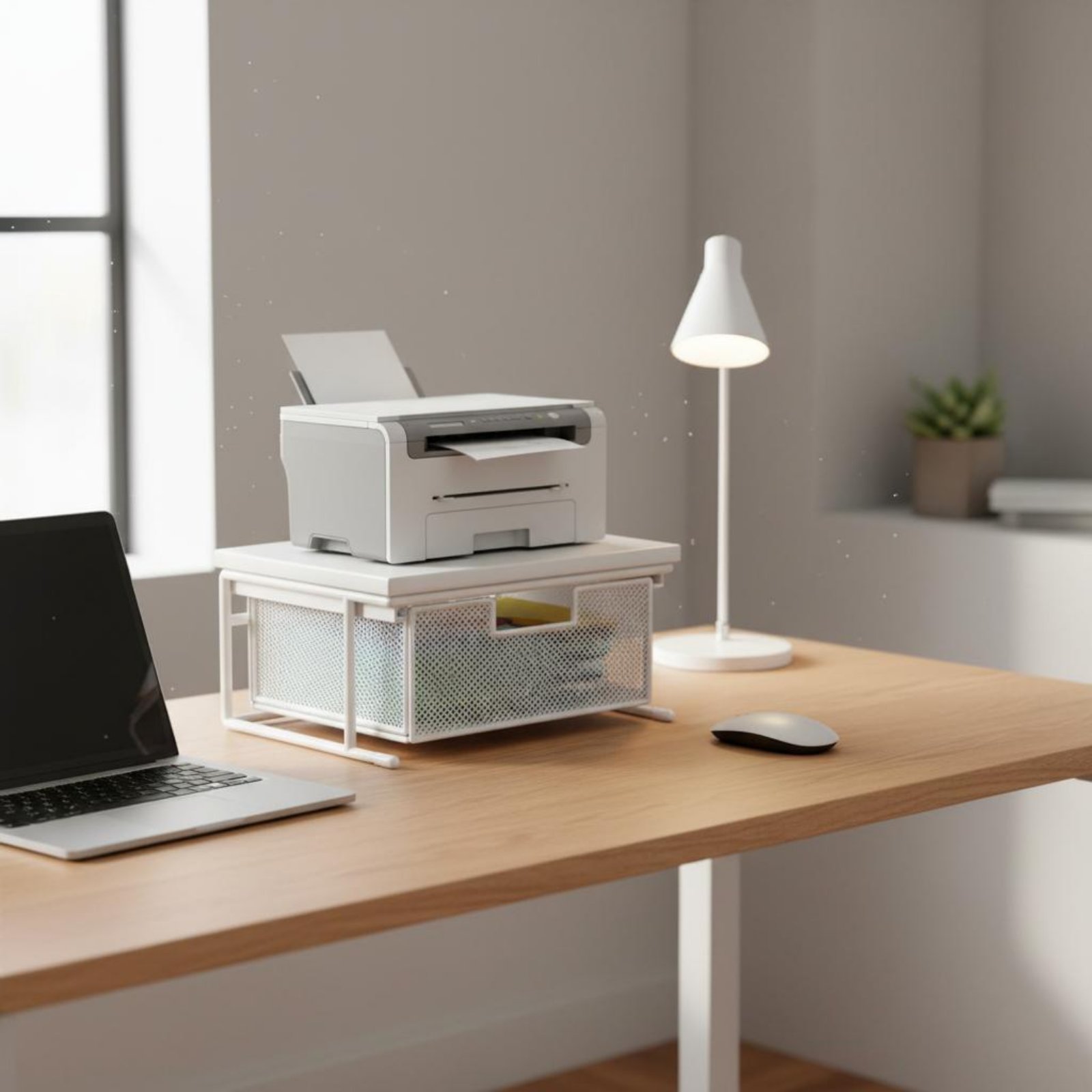 Printer Stand - 引き出し付きプリンタースタンド 多目的デスクトッププリンタースタンド デスクトップシェルフ 木製デスクトップ表面収納 メタルフレーム