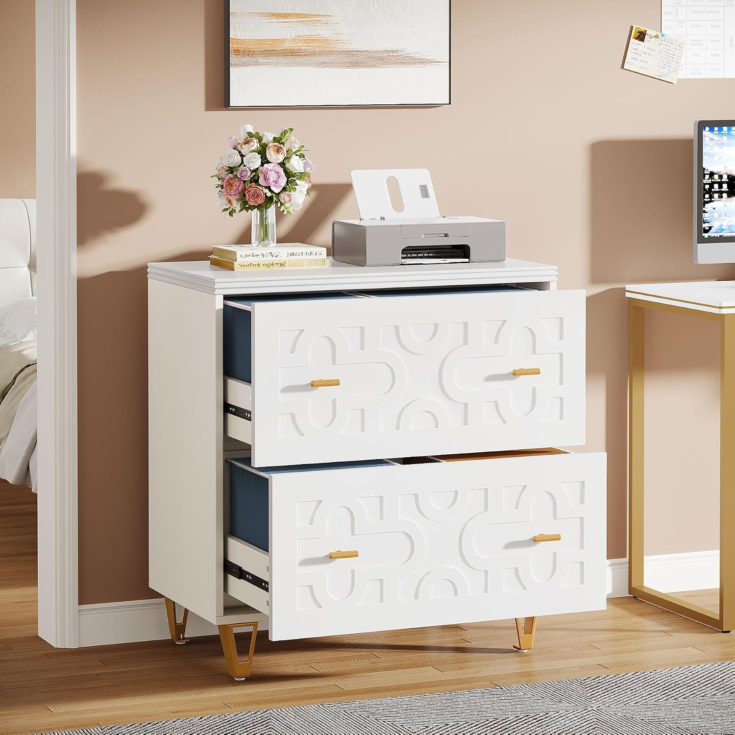 2段引き出し横型ファイルキャビネット、ウォームホワイトとゴー - Printer Stand のレビューと価格